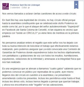 Captura de Pantalla del Facebook del primer círculo donde explican su versión de la duplicidad. // Maria roda