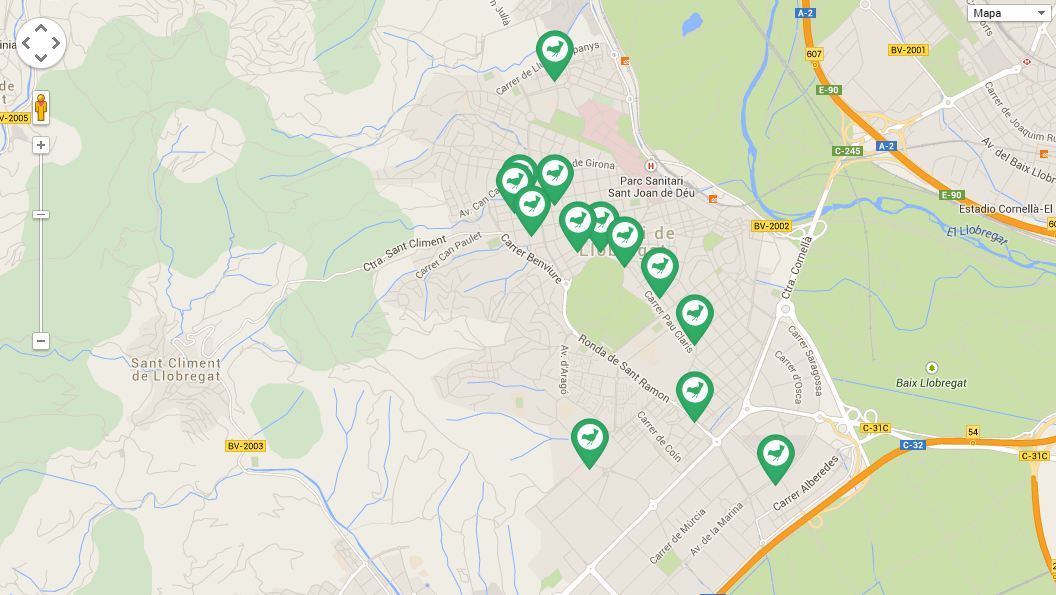 Mapa amb els 13 punts de recollida d'aliments a Sant Boi de Llobregat